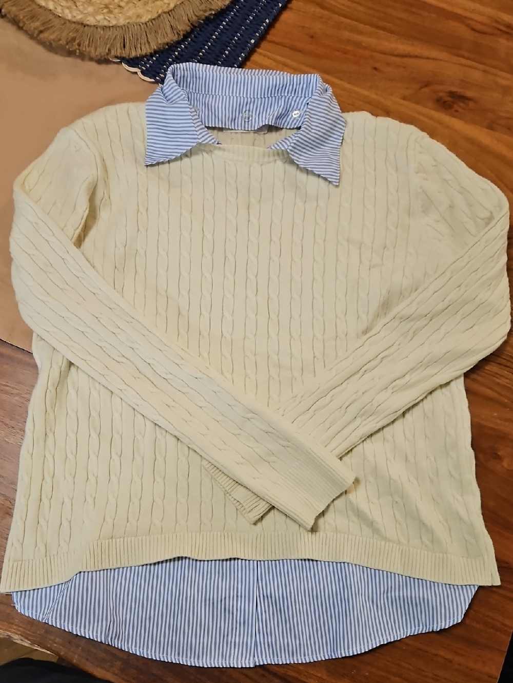 Cream Cable-Knit Sweater with Blue Stripe Shirt Hem